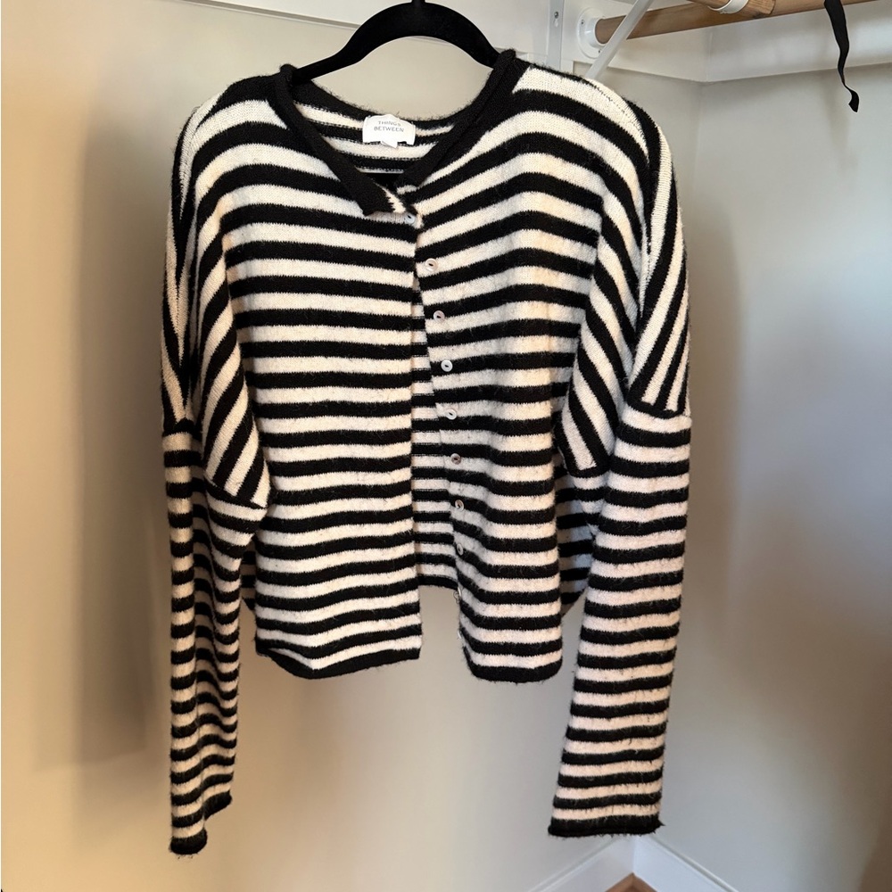 Things Between Striped Black & White Cropped Button Cardigan - Women — Large
